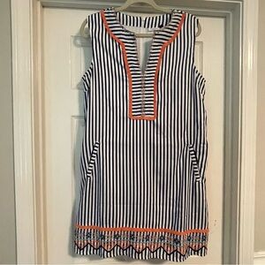 Cabana Life navy and white striped dress with coral fringe and embroidery, large